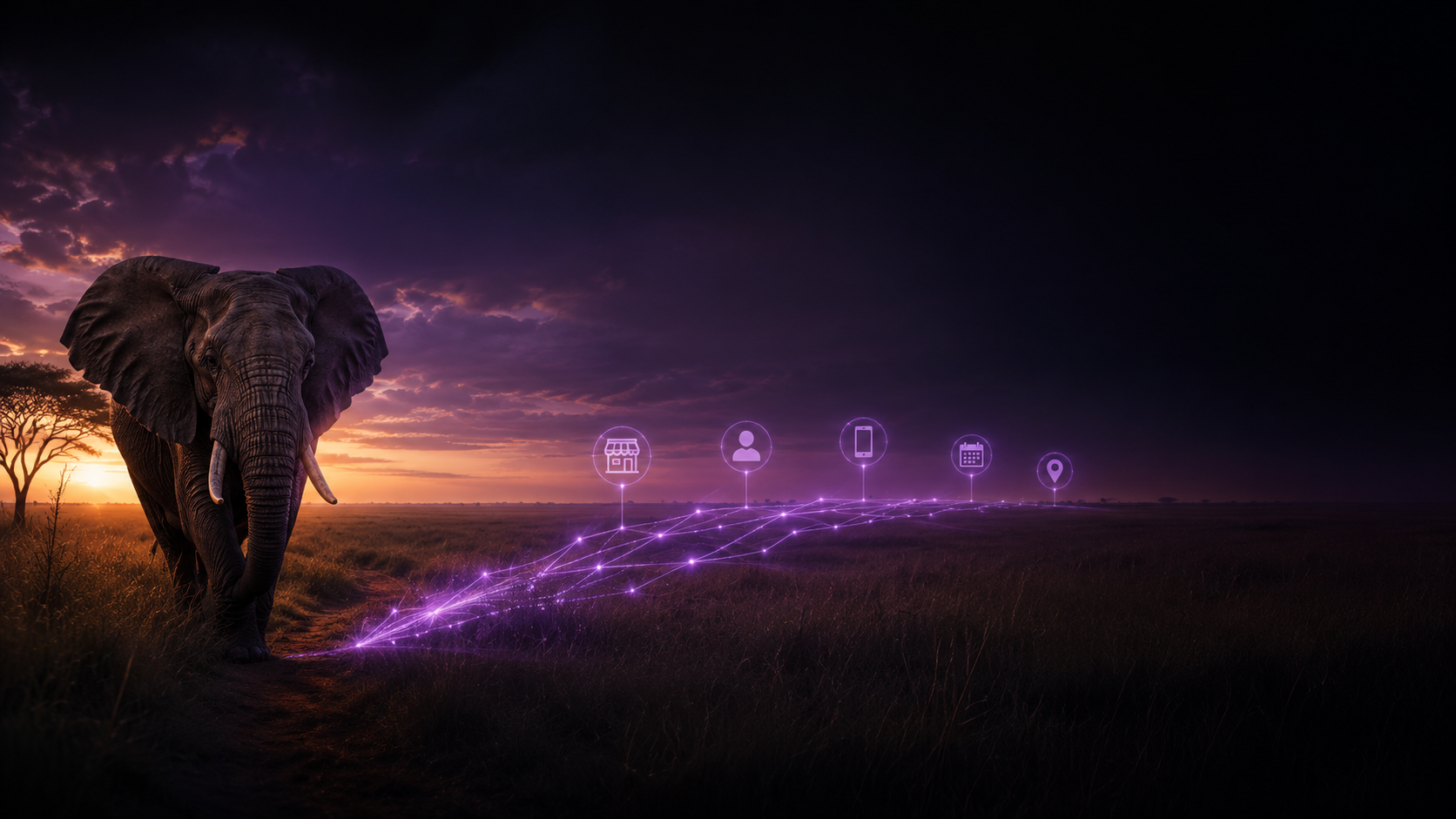 An elephant walking a glowing pathway lined with connected business tools